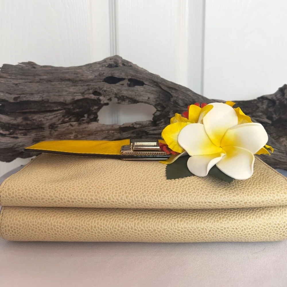REBECCA MINKOFF ~ Cream Clutch w/Yellow and Gray Accents Gold Toned Hardware